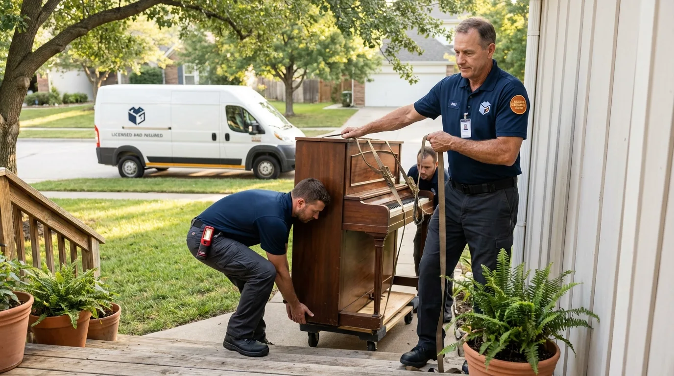 Licensed piano movers securing grand piano in Minster, OH