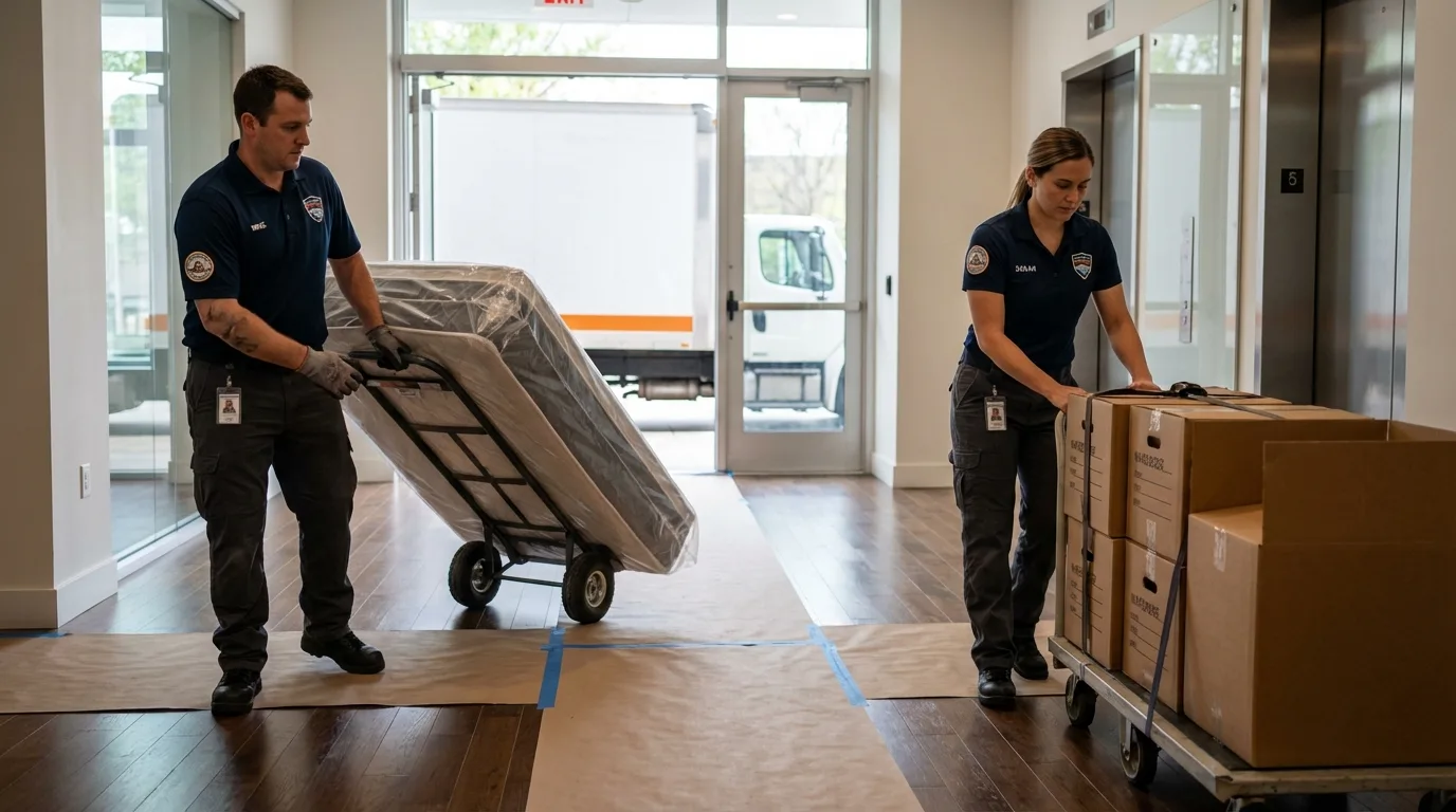 Professional apartment movers loading elevator in Minster, OH